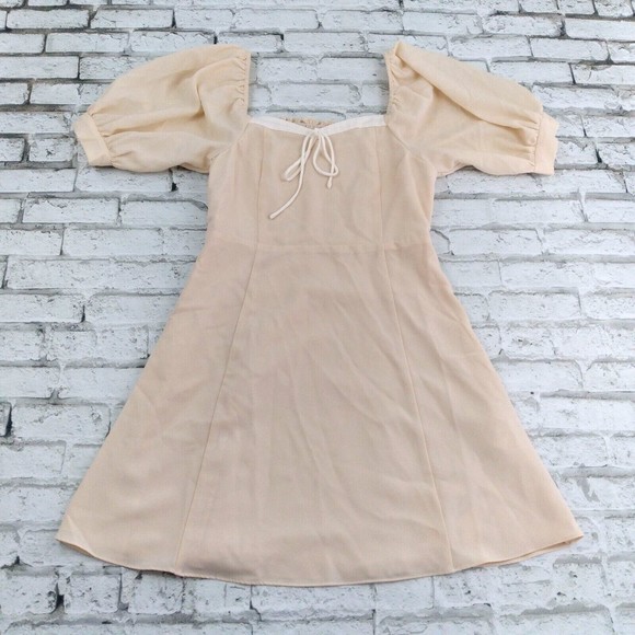 J.Inc Dress Womens Medium Beige Puff Sleeve Smocked Lined Fit Flare Mini - Picture 1 of 15